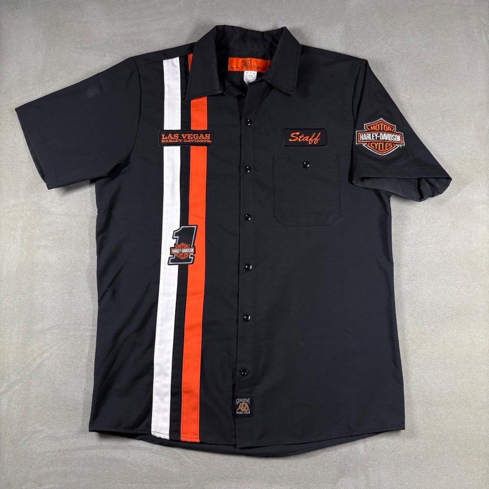Harley Davidson Las Vegas Staff Work Shirt Mens Medium Black Orange ST10BOW